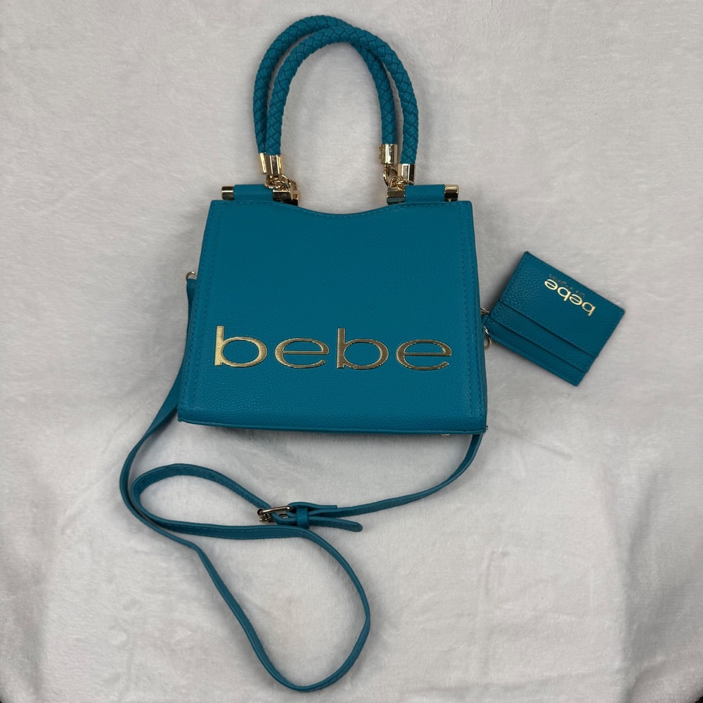 Bebe Teal Blue Faux Leather Satchel Crossbody Bag with Braided Handles Gold Logo